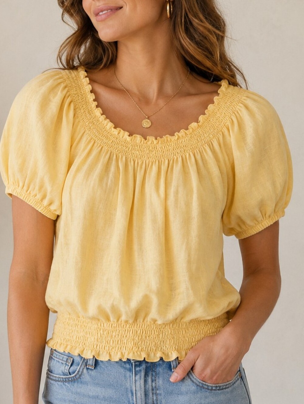 Neiman Marcus Linen Blend Smocked Puff Sleeve Blouse | Butter Yellow | Cottageco
